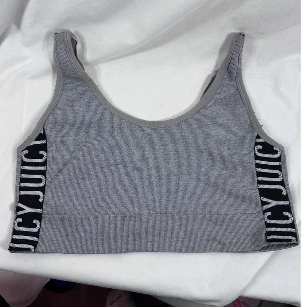 Juicy Couture Womens Gray Ribbed Seamless Bralette Logo Side Panels Lounge Top